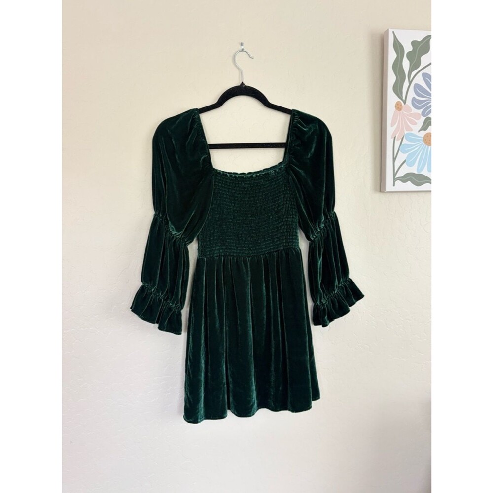 Reformation Albi Velvet Mini Dress Emerald Green Smocked Puff Sleeve Small - Picture 7 of 8